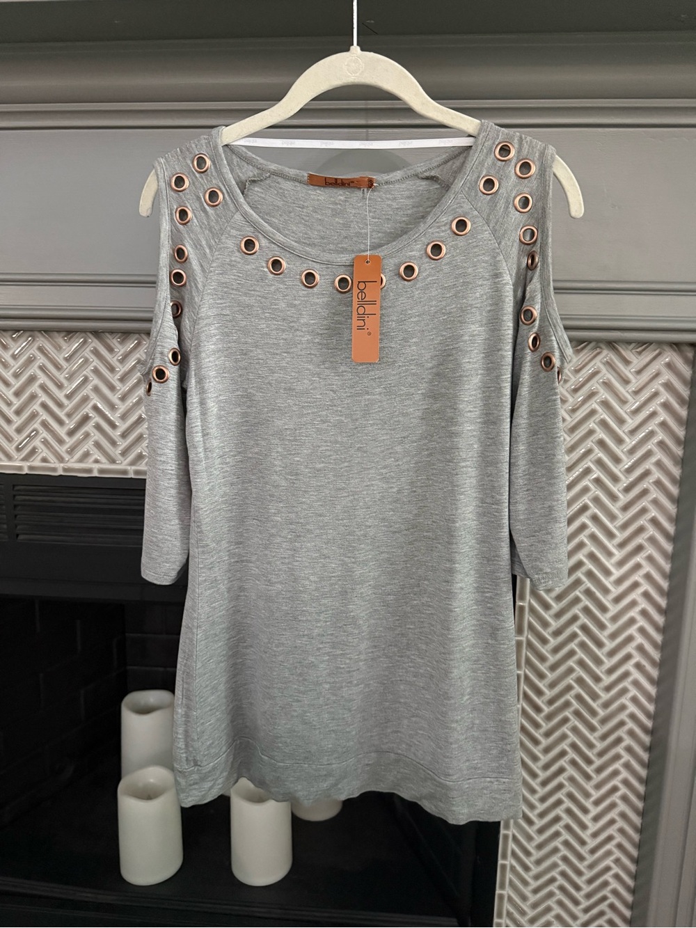 Bellini Bronze Ring -Trim Gray Cold-Shoulder Tunic